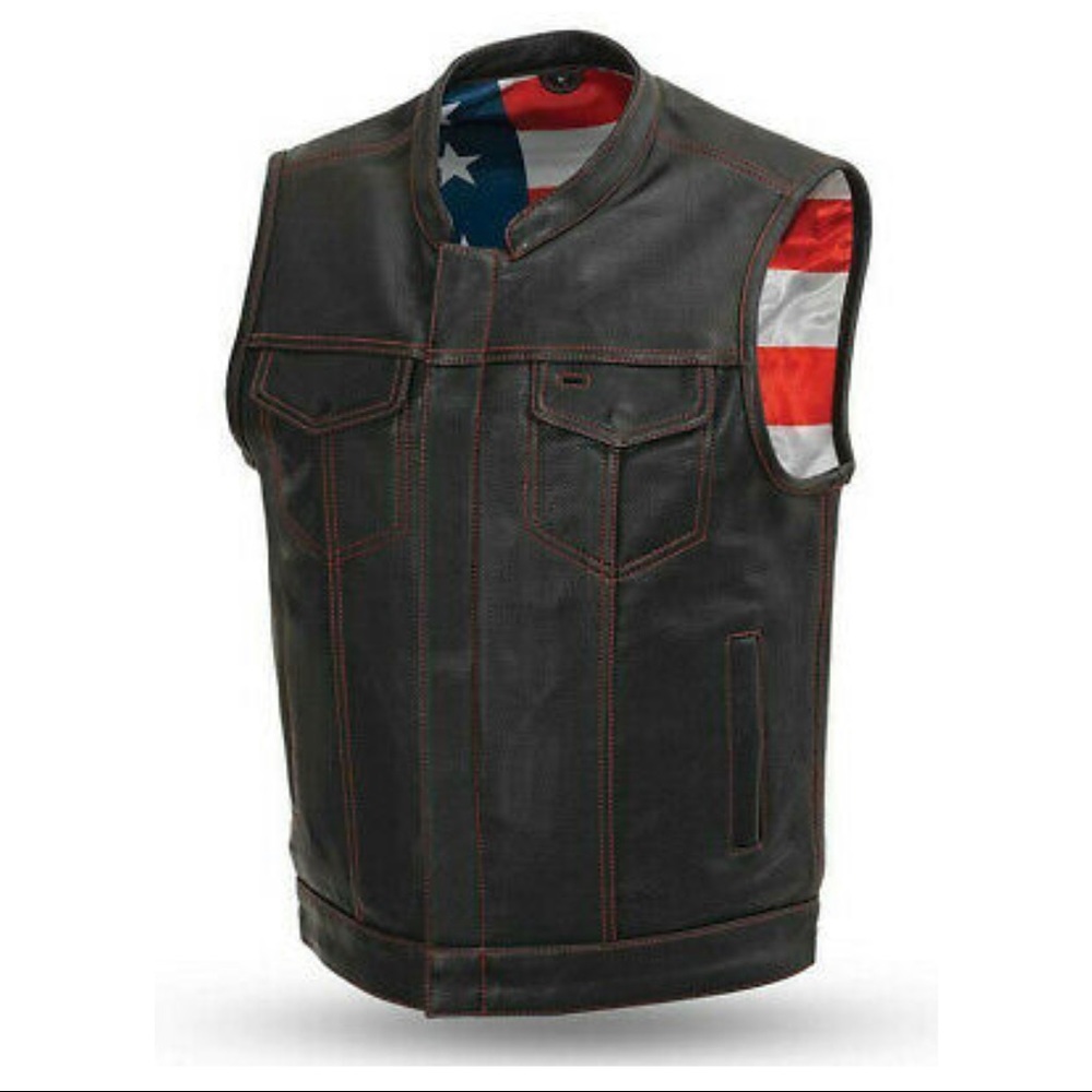 US Flag Men Club Style Biker Motorcycle Concealed Carry Leather Vest